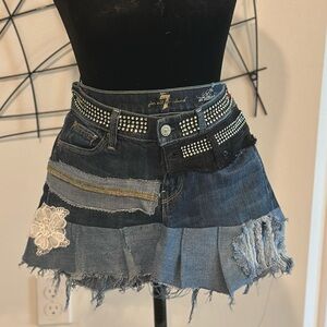 Custom Stylish Denim Patchwork Skirt with Studded Details
